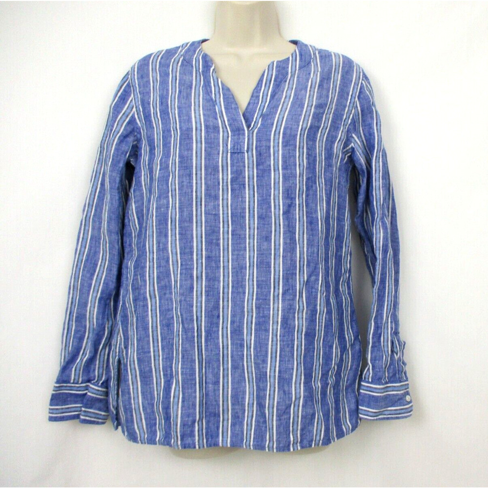 Lauren Ralph Lauren Linen Tunic Top Womens Small Striped Blue V Neck Lagenlook